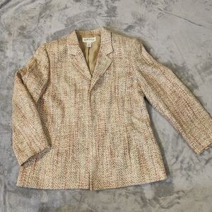 Orvis 100% Silk Tweed woven Jacket Neutral W Red Accents, Pockets Sz 14,